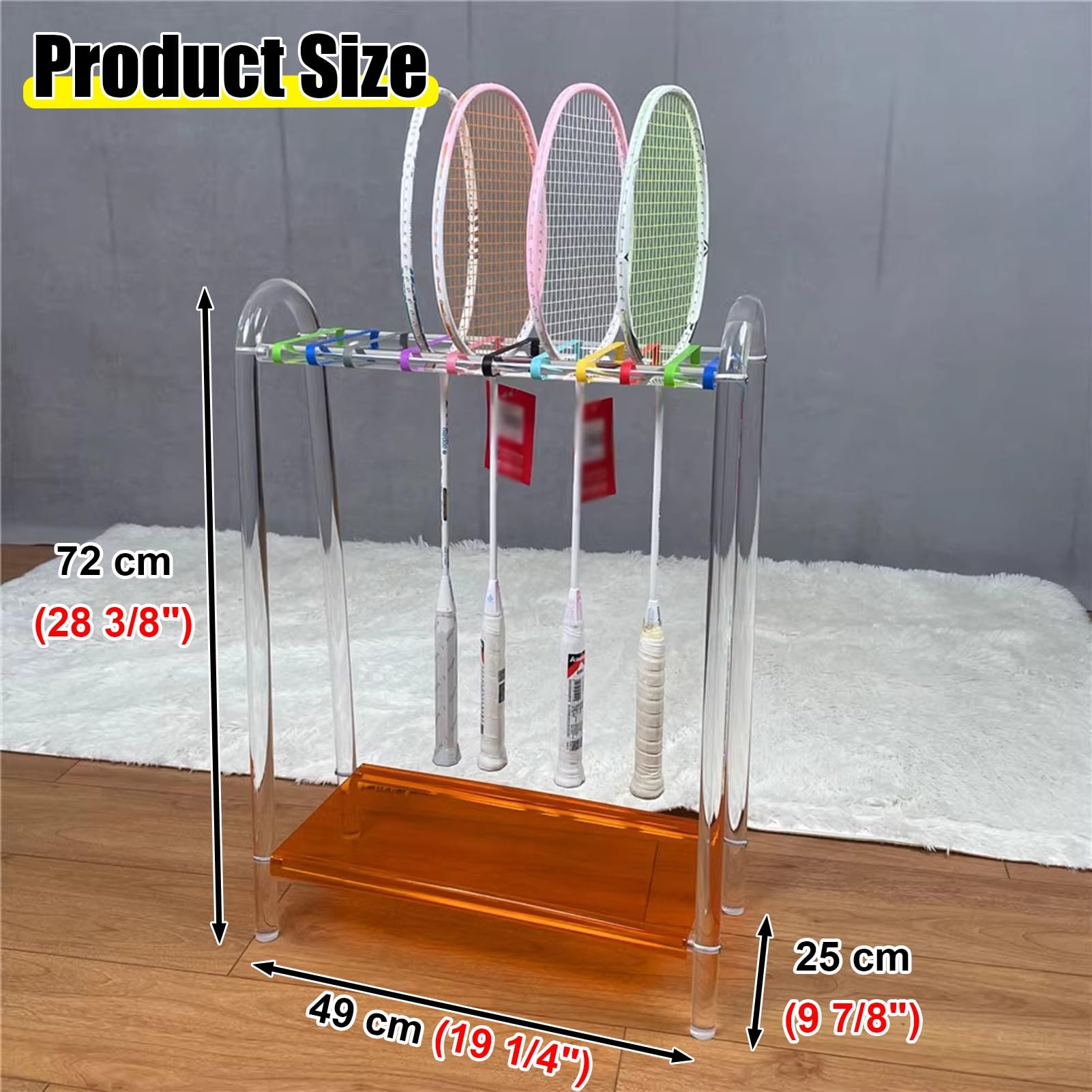 Kunovo Badminton/Tennis Racket Storage Organzier Holder Rack, Transparent Acrylic Racket Display Shelf with Anti-Slip Strips, for Bedroom Clubs Gym(Orange)