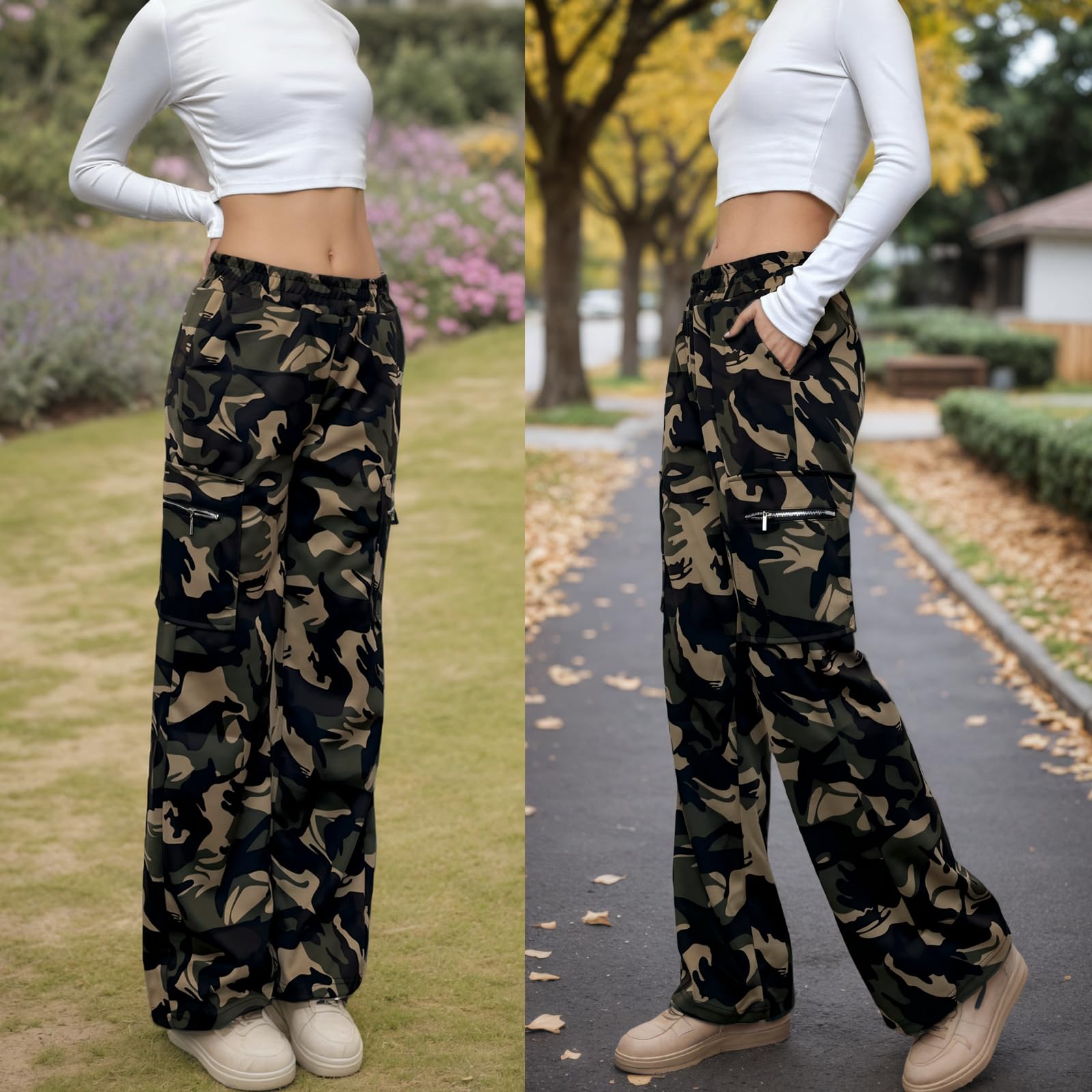 Nuofengkudu Mimetici Lungo Cargo Pantaloni della Tuta Larghi Cerniera Laterale Tasche Elastico Vita Alta Jogging Sportivi Pantalone Felpati Casa Comodi Lavoro Adolescente Y2K
