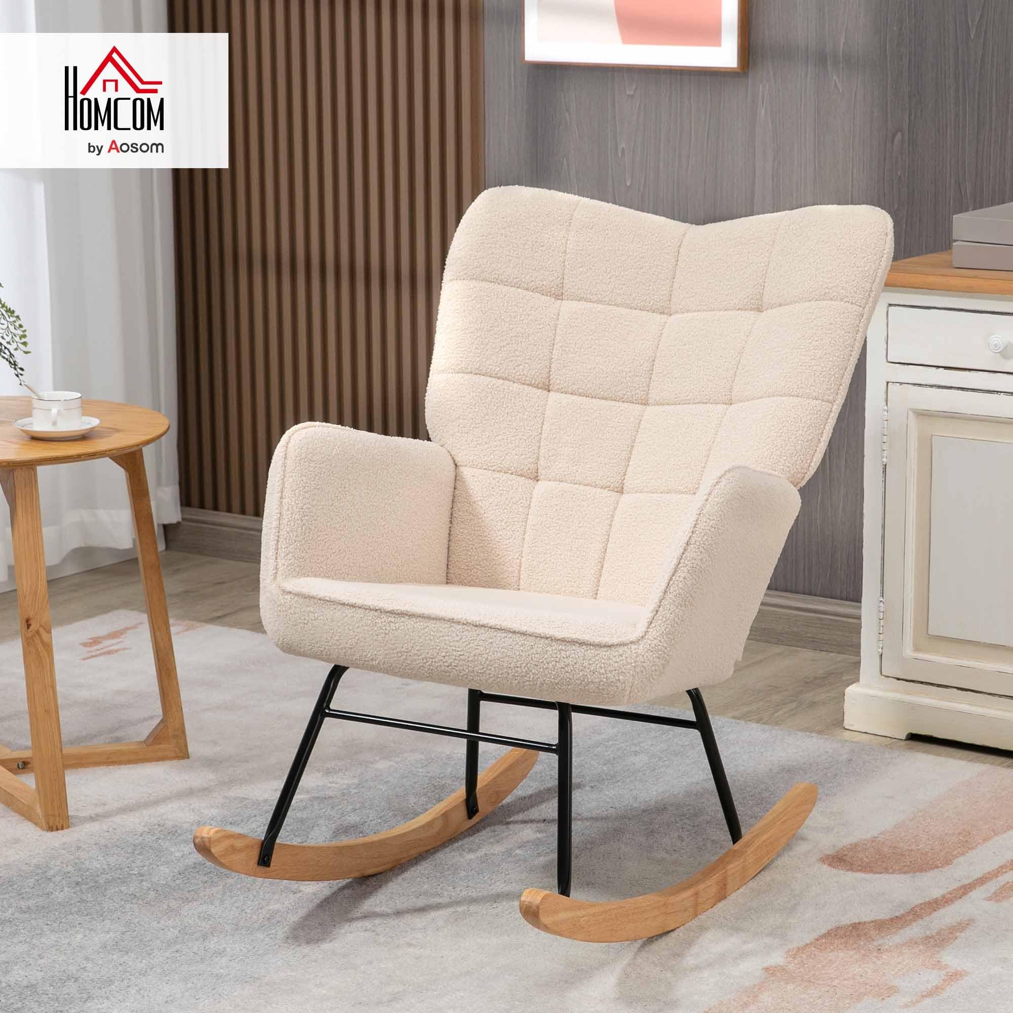 HOMCOM Sedia a Dondolo da Interno Imbottita, Poltrona a Dondolo Relax in Pile Berbero con Braccioli, Struttura in Acciaio e Gambe in Legno di Faggio per Soggiorno e Camera da Letto, Beige