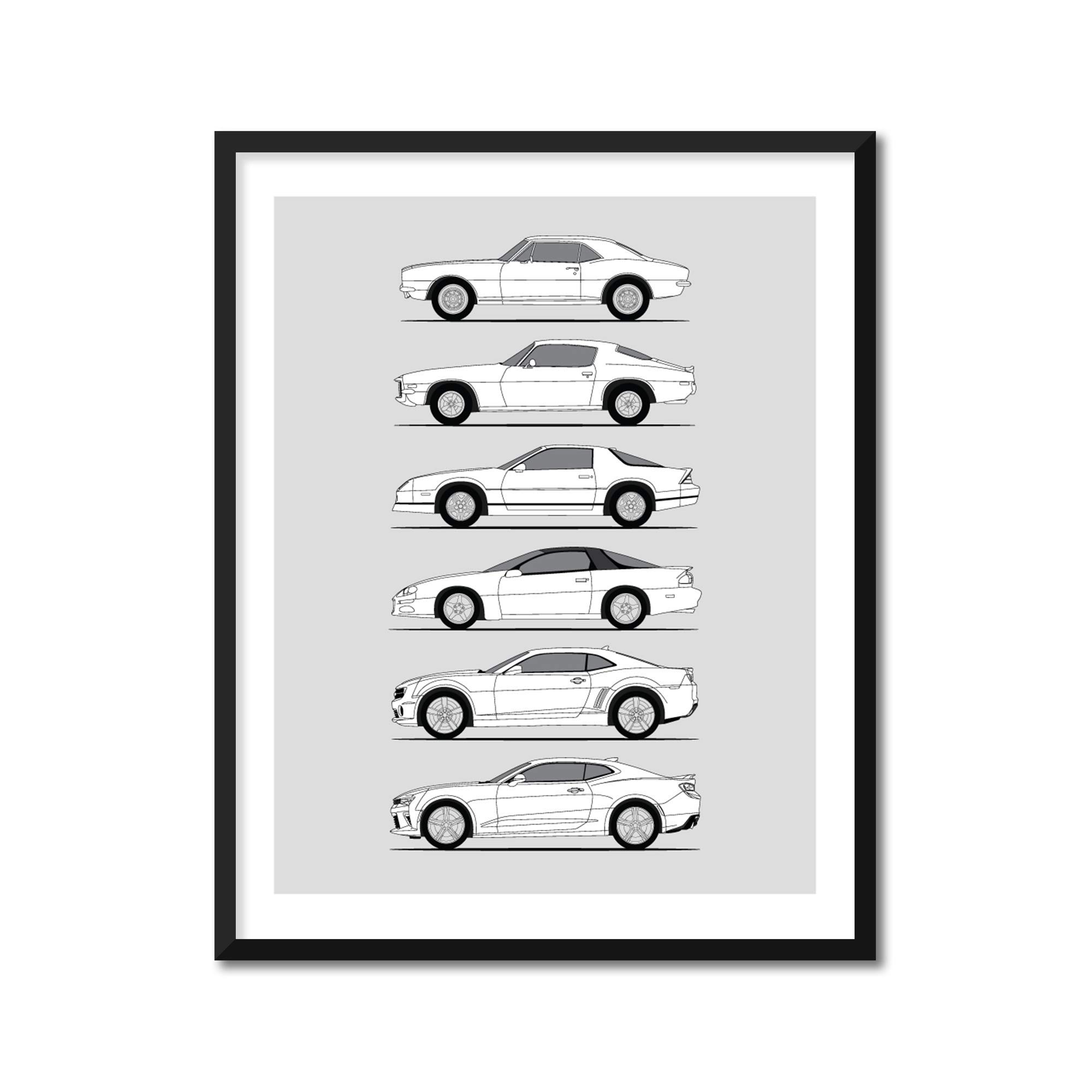 Chevy Camaro Generations (1967-Present) Inspired Poster Print Wall Art Handmade the Chevrolet Camaro (11x14" Print (Unframed), Satin Paper)