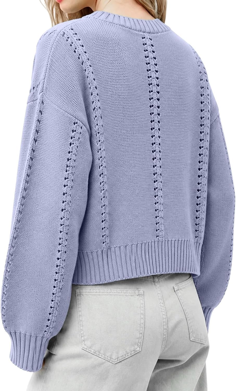 Womens Crochet Knit Crew Neck Sweater Balloon Sleeve Loose Pullover