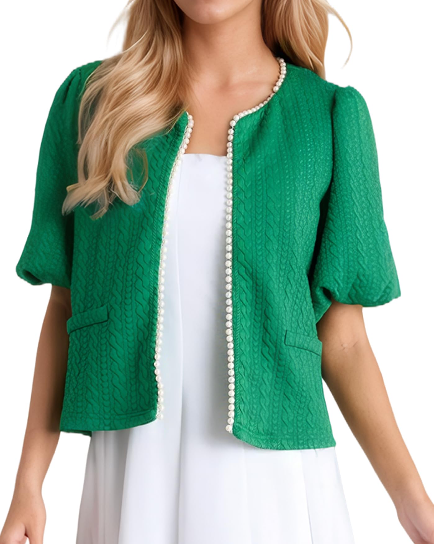 Kedera Puff Short Sleeve Tweed Jacket Women Cropped Jackets Summer Open Front Elegant Trimmed Cardigans with Pearls