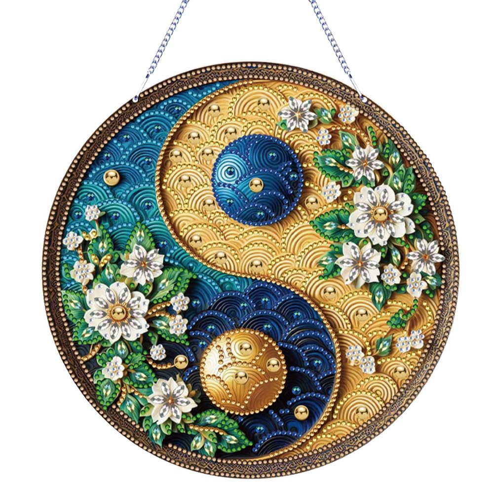 Diamond Art Suncatcher Kits -Crystal Gem Paint by Number Hanging Ornaments for Windows, Garden & Home Decor, DIY Wind Chime Craft for Adults(Landscape Yin Yang)