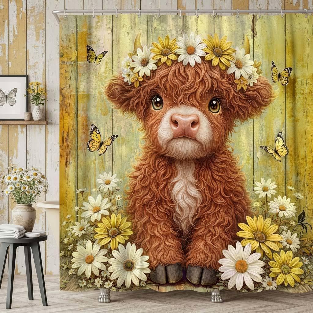 Cute Cow Shower Curtain, Farmhouse Rustic Yellow Floral Daisy Highland Cow Shower Curtains for Bathroom, Calf Country Farm Animal Garden Plant Fabric Bathroom Decor with Hooks, 70x84 inch