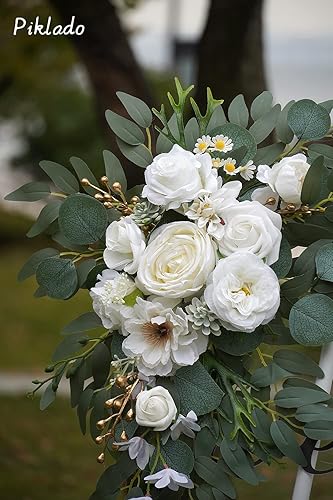 Miniatura 5 de Piklado Juego de 2 guirnaldas de flores sintéticas para bodas, decoraciones florales y letreros de ceremonia de recepción de boda (blanco)
