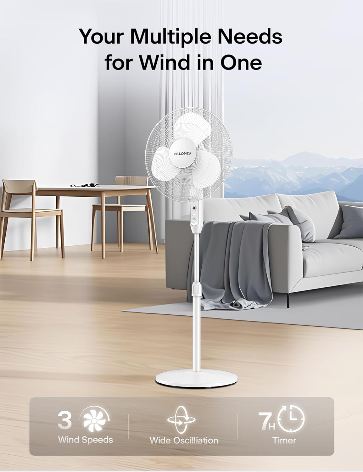 pelonis 16'' pedestal fan for bedoom with remote, upgraded, standing fan with 7-hour timer, 90° oscillation, 3-speeds, adjustable height, electric cooling fans for living room and office white upgraded