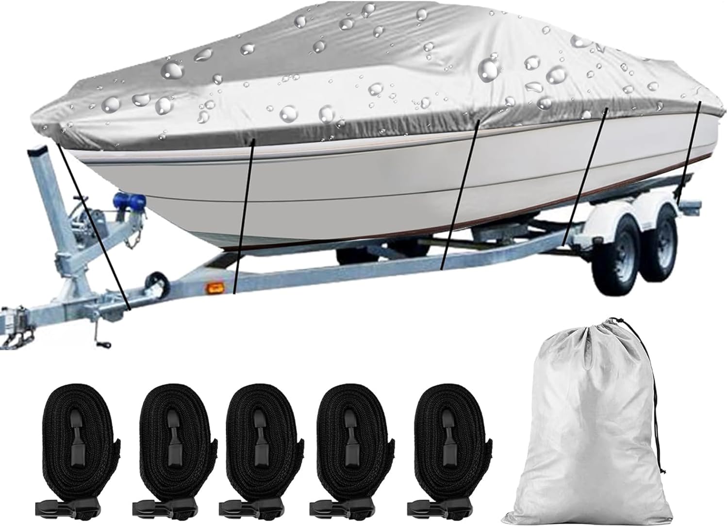 SPORTYOUTH Boat Cover 14-16ft, Trailerable Boats Covers Waterproof UV Protection 210D Oxford Fabric Fit V-Hull Tri-Hull Fish & Ski Boat Pro-Style Runabouts Bass Boats, 14'-16' Long 90" Wide