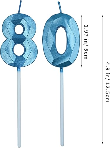 Miniatura 2 de Velas de 80 cumpleaños para pastel, vela azul número 80 en forma de diamante 3D, decoración de cumpleaños, suministros de fiesta para mujeres u