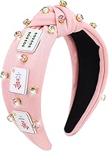 Mahjong Knotted Headband Rhinestone Crystal Embellished Headband Wide Top Knot Funny Hairband Hair Accessories Mahjong Gifts for Women Girls Lovers Players Themed Party Favors(Pink)