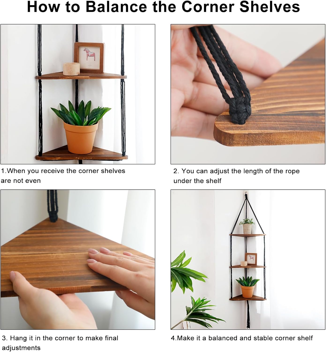 Artilady Macrame Corner Shelf Wall Hanging - 3 Tier Black Floating Shelves Plant Corner Wall Decor, Boho Rustic Wooden Plant Storage Rack for Bedroom Living Room Bathroom