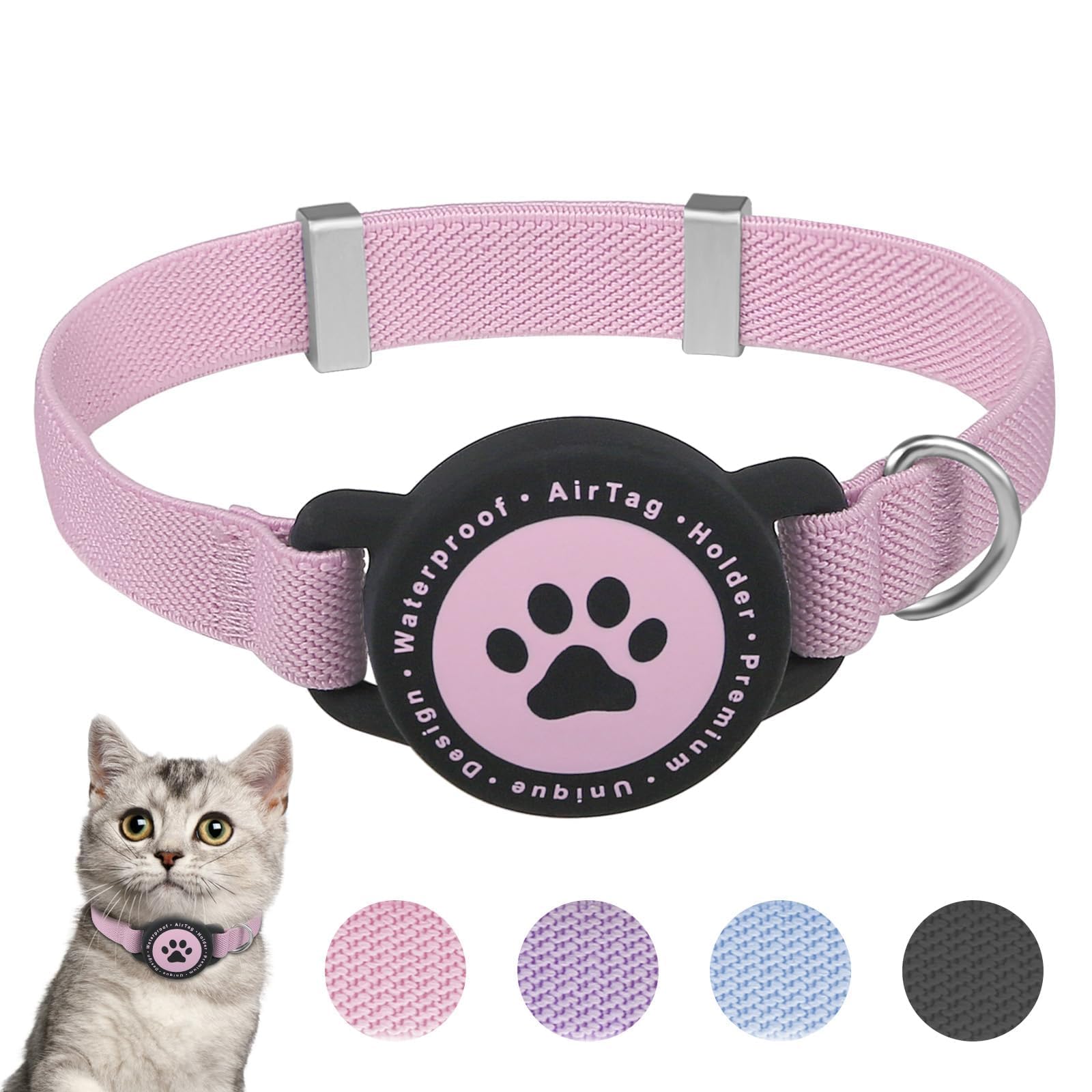 Airtag Collar de Gato Elástico, con Soporte para Apple Air Tag Soporte, Ligero y Cómodo, Ultra Elástico GPS, Collares para Gatos, Gatitos y Cachorros (Rosa)