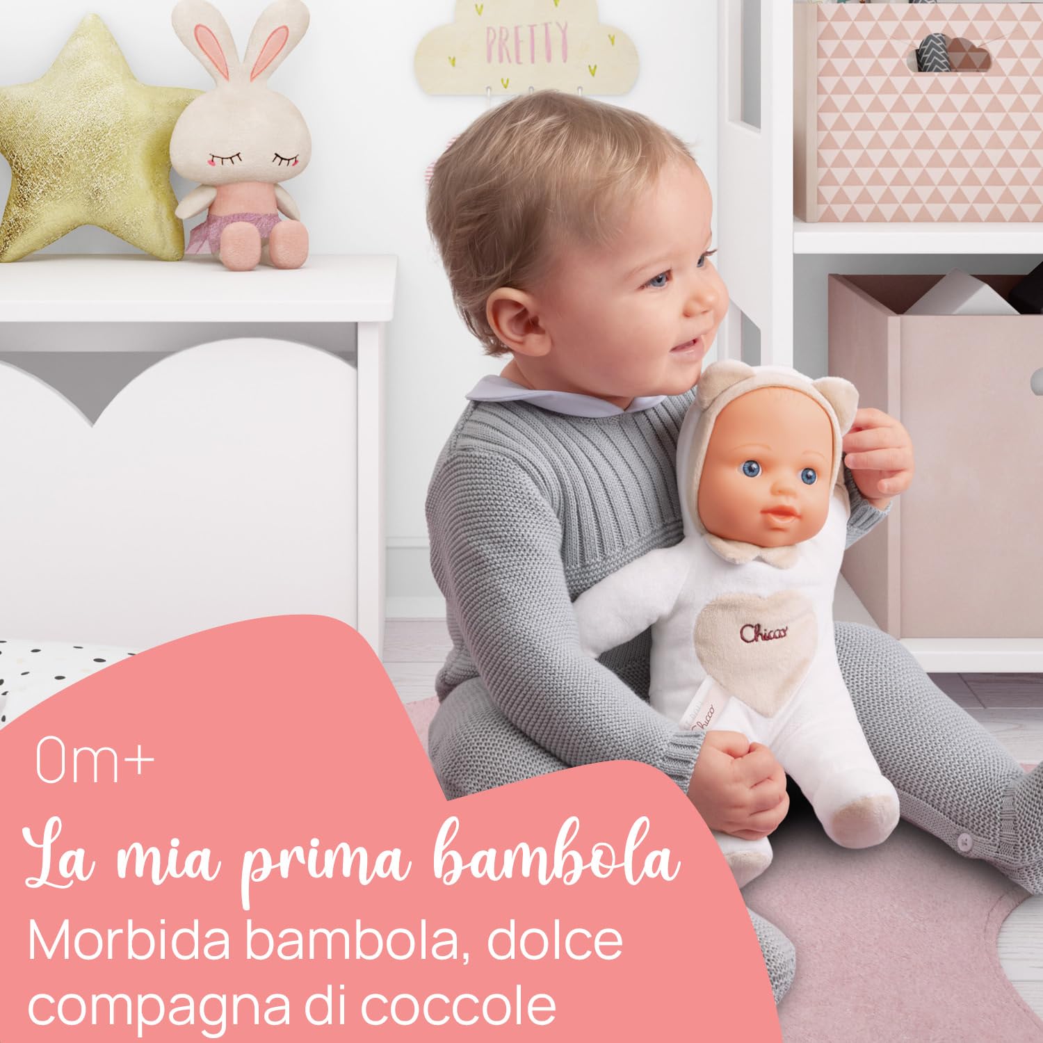 Chicco Gioco La Mia Prima Bambola, Bambola Bambina con morbido cuore Massaggiagengive per la Dentizione, Soffice e Leggera, Lavabile in Lavatrice, Giochi Bambini 0 Mesi +, Idea Regalo Neonato, Neutro