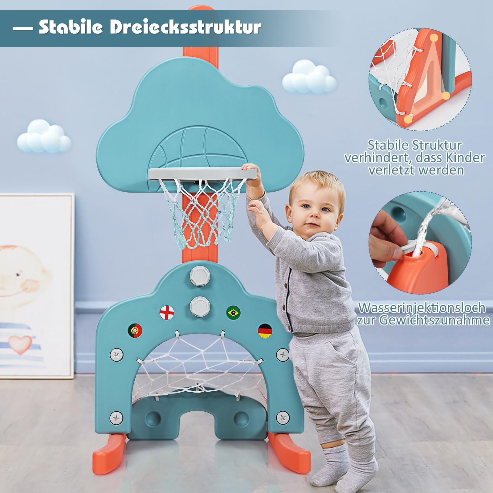 COSTWAY 3 in 1 Kinder Spielplatz, höhenverstellbarer Basketballkorb & Fußballtor & Golf, Basketballständer inkl. Bälle und Golf Club, Korbanlage für Kinder von 2-7 Jahren (Grün)