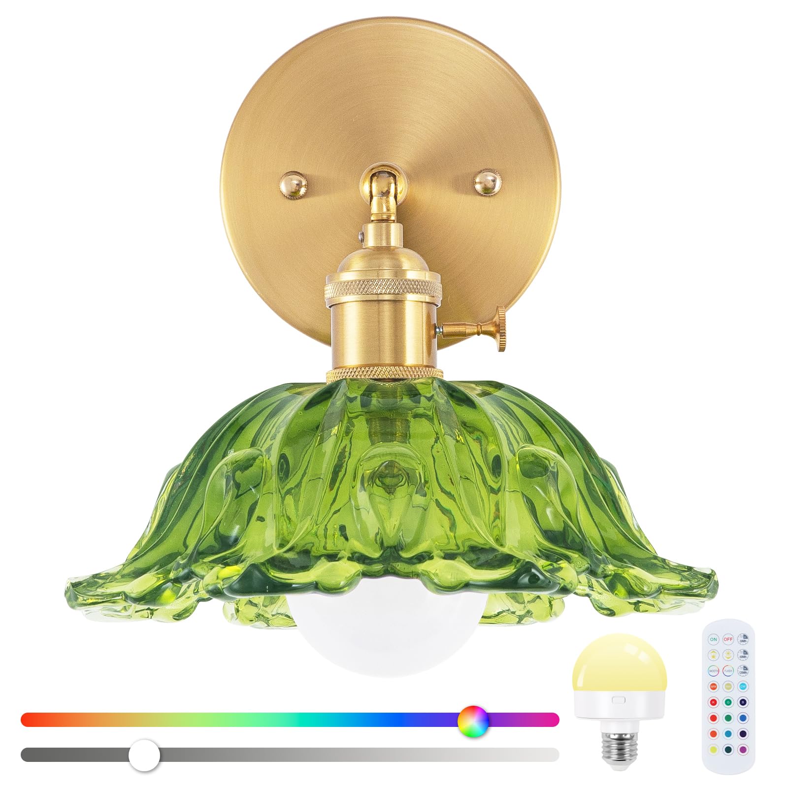 EIDEARAY Vintage Wall Sconce, Battery Operated Wall Sconce with Green Glass Lampshade, Indoor not Hardwired Wall Sconces with Remote, Rechargeable RGB Vintage Wall Lamp, for Bedroom Living Room, etc — image 1