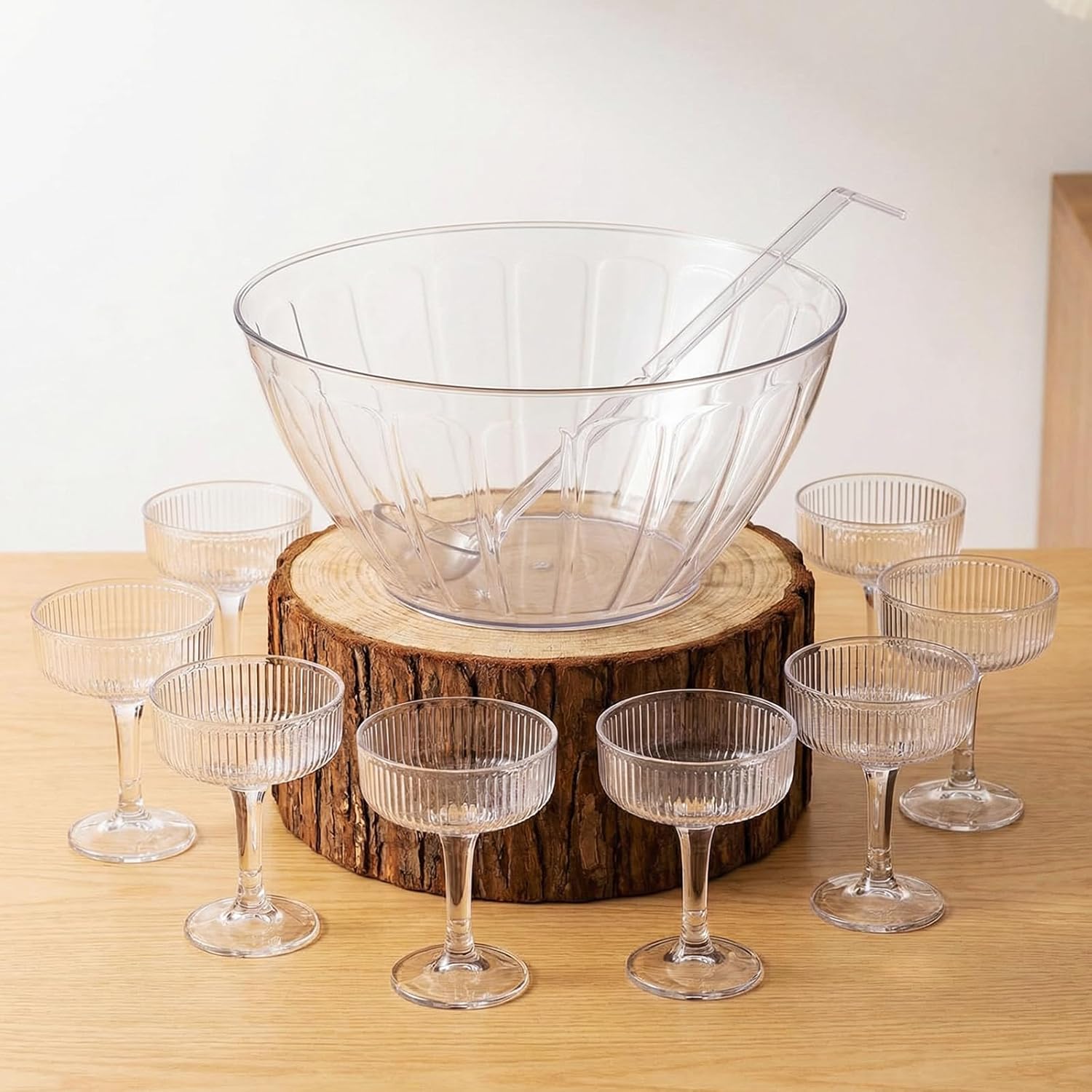 SiliFine 10 Piece Plastic Punch Bowl with Ladle and Detachable Cups Set, 12.4”w x 6”h Punch Bowls for Wedding, Birthday, Holidays, Parties, Reusable Clear Party Bowl Set for Drinks, Salads, Snacks