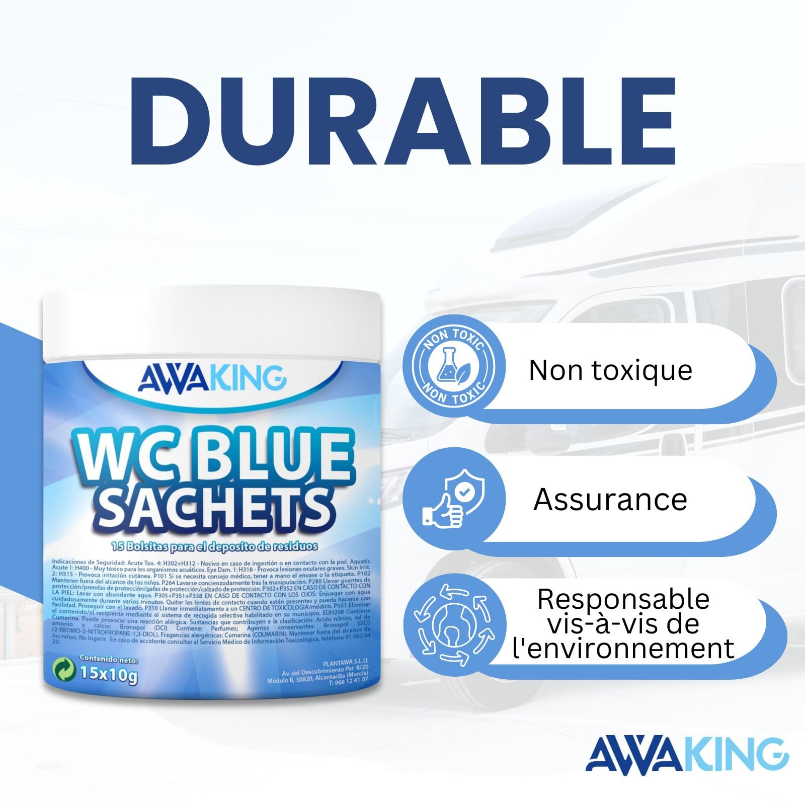 AWAKING Pastilles WC Chimique Pour Camping-Car 15 Blue Sachets | Nettoyage en profondeur et désodorise. Formule concentrée et arôme frais, réservoir d'eau noire, caravane, camping-car