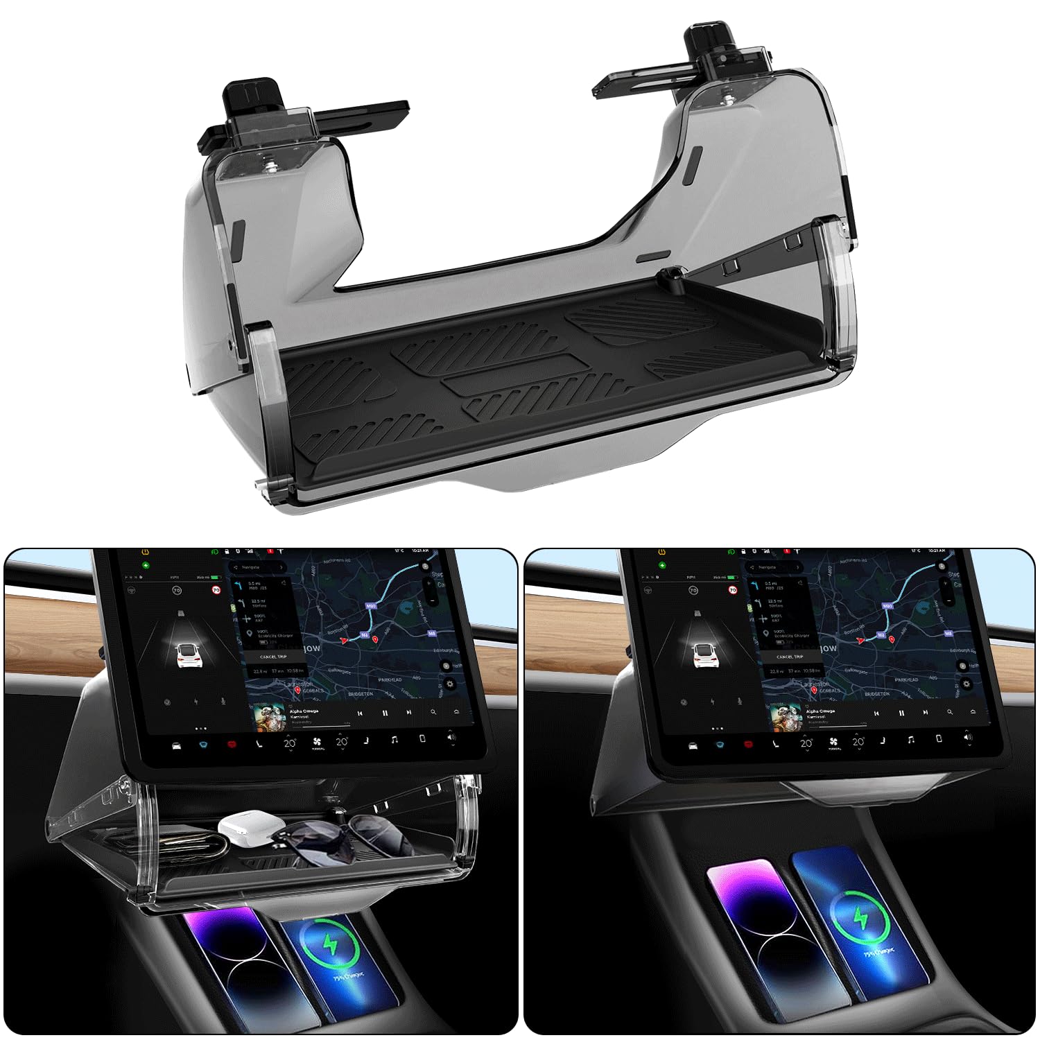 Hideable Under Screen Storage for Tesla Model Y Model 3 2016-2024, Center Console Organizer Tray with Anti-Slip Pad, Sunglass Holder Privacy Protector, Model 3 Model Y Interior Accessories