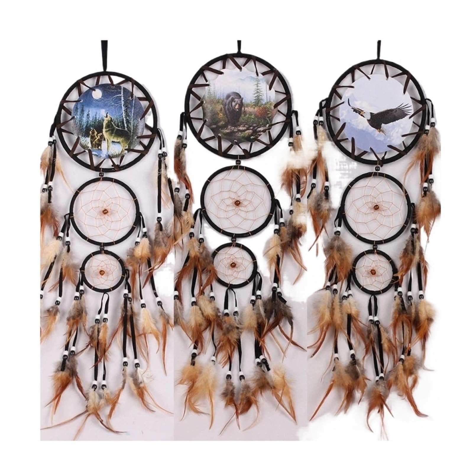 3PCS Handmade Dream Catcher With Brown Feathers Bead Home Hanging Wind Chimes Decoration for Bedroom(Style04)
