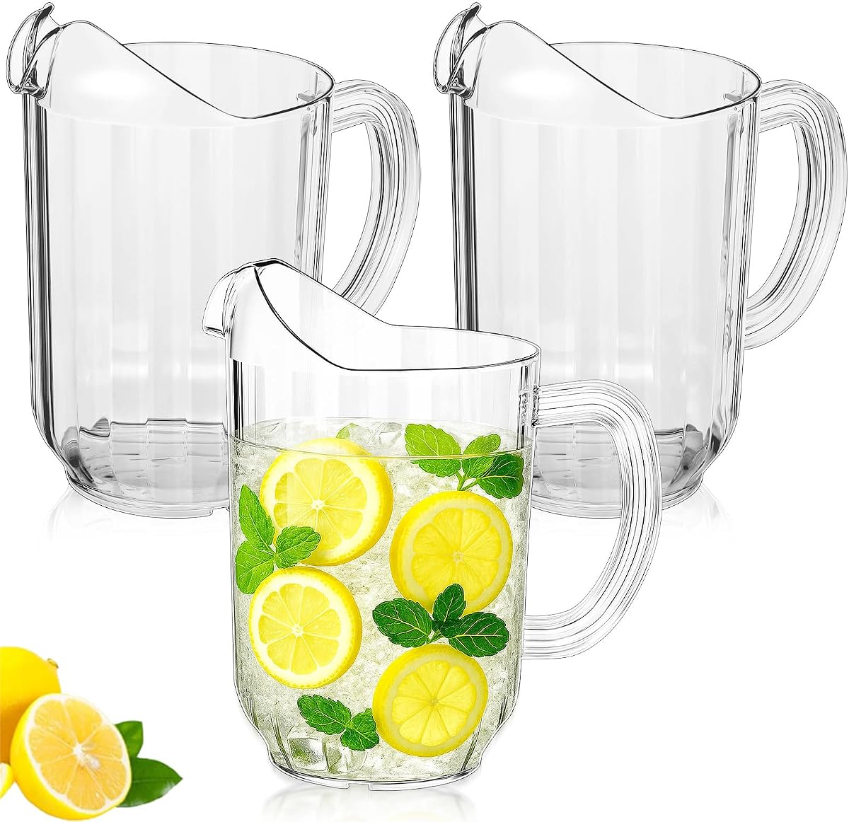 Tessco 3 jarras de plástico de 60 onzas, jarra de cerveza de agua transparente, grande, clásica | Jarras de restaurante para bebidas de té, leche y jugo, dispensador de contenedores de bebidas transparentes, boquilla para fiestas y reuniones
