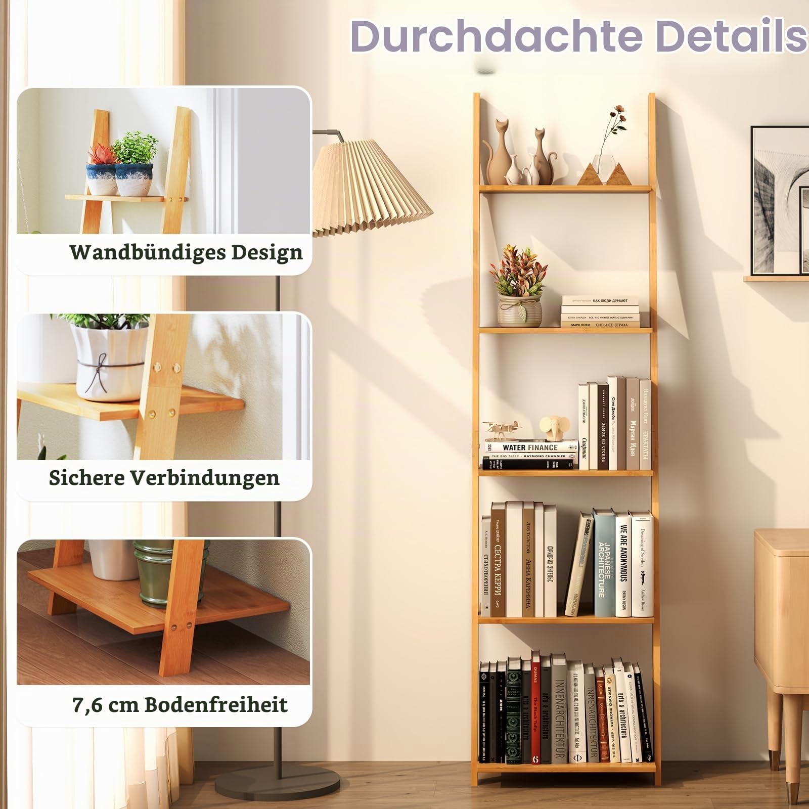 HOMASIS Leiterregal mit 5 Ebenen, Bücherregal aus Bambus, schmales Aufbewahrungsregal Standregal für Wohnzimmer, Schlafzimmer, Arbeitszimmer, 43 x 38,5 x 164 cm, Natur