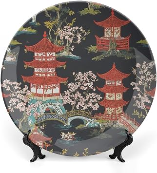 Decorative Plate Chinoiserie Charcoal Coral Pagoda Asian Customize Decor for Festival Display Home Kitchen Ceramic Dinner Plate 1 Plate with 1 Display Stand, Multi Sizes, Gifts for Men Women