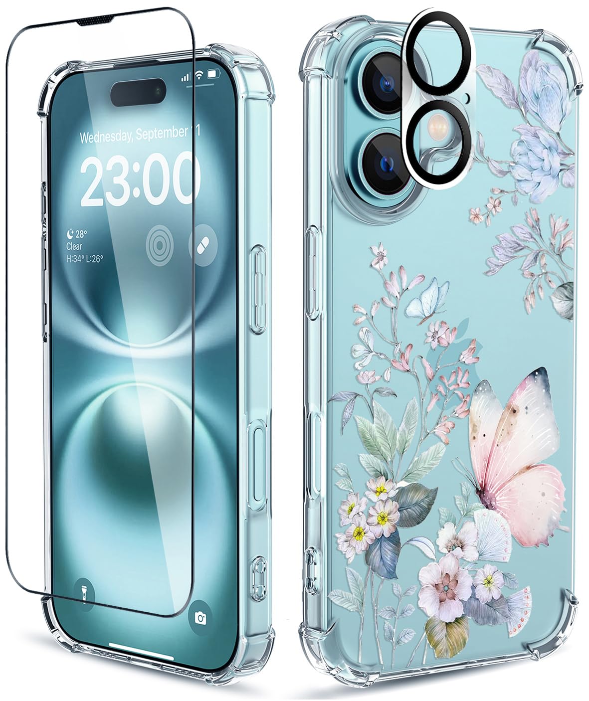 for iPhone 16 Case, 3 in 1 Screen & Lens Protectors, Floral Cover | Soft TPU Material | Clear Cute Flower Design | Shockproof Protection | Designed for Women & Girls,Magic Butterfly Magic Butterfly For iPhone 16