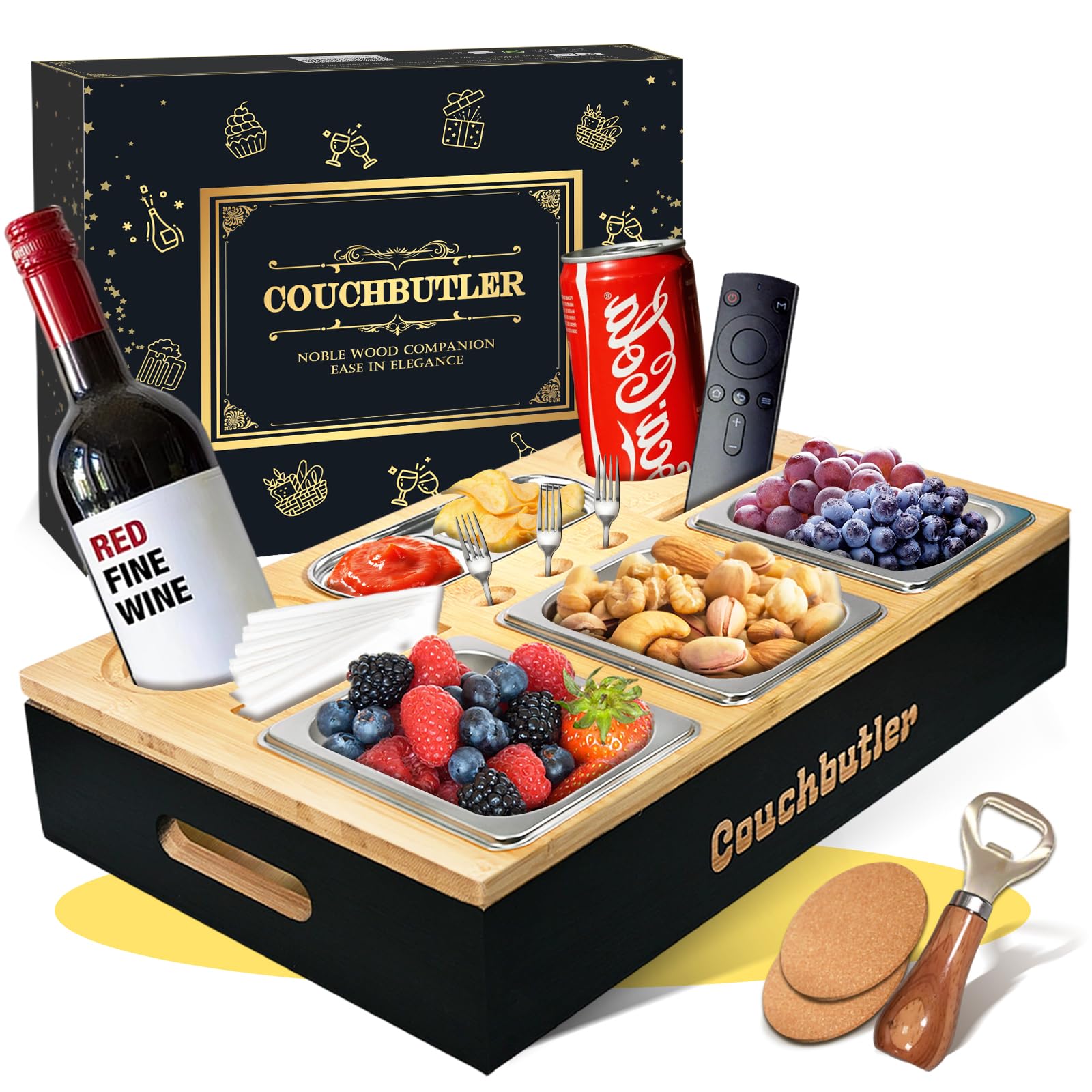 Couchbar Snackbox, Couch Bar Snackbar mit Geschenkbox, Sofa Tablett mit 3 Snackschalen, Sofatablett Snackbox mit Flaschenöffner, Snackbar Couch mit Abnehmbarer für Sofa, Bett, Camping