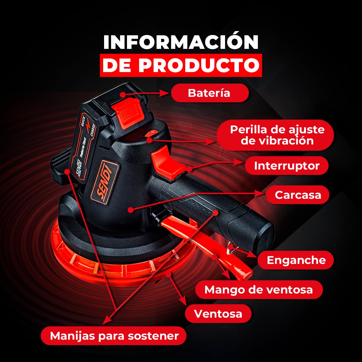 Ventosa Vibratoria SENDI VSC-18 - Maquina Vibradora - Diseñada para la Vibracion de Azulejos,Baldosas,Gres de Diferentes Tamaños - 6 Niveles de Vibracion y 180mm de Diametro - Incluye dos Baterias.