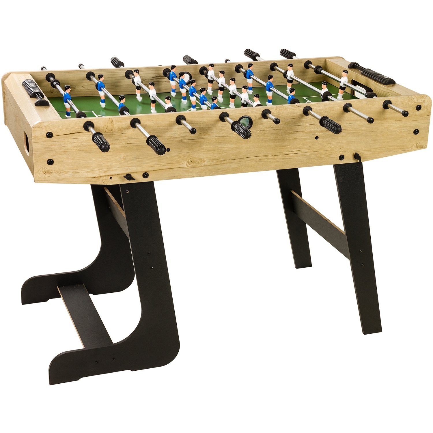 GAMES PLANET Tischfussball „Belfast“, klappbar, Farbvarianten: Schwarz/weiß/Holzdekor hell oder Dunkelbraun/Soccer, nahtlos hochgezogene Spielfeldecken, inkl. 2 Bälle, Kicker Kickertisch Tischkicker