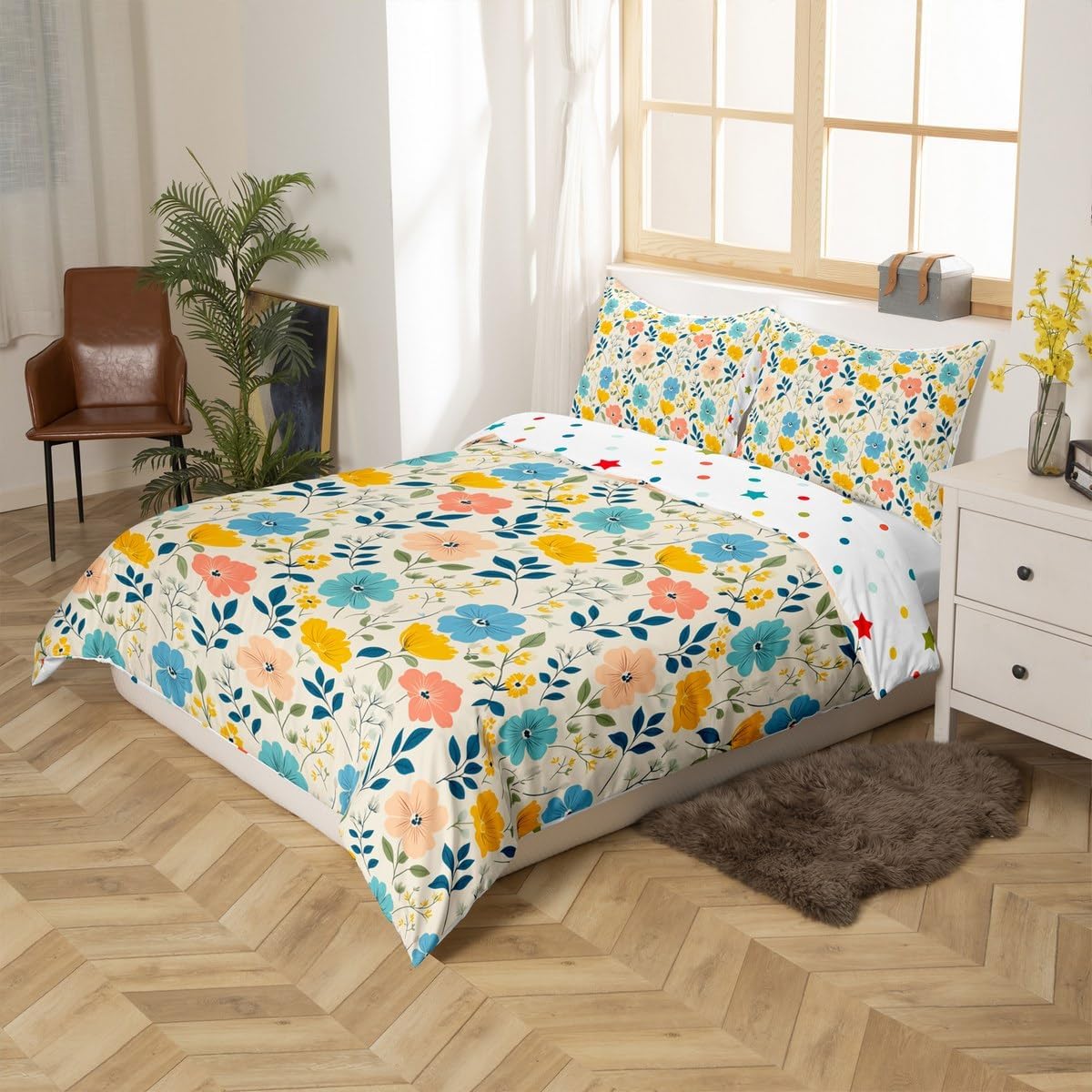 jejeloiu Boho Floral Duvet Cover Toddler Size Kids Blossom Flowers Comforter Cover for Boys Girls Teens Botanical Floral Bedding Set Breathable Botanical Bedroom Decor Bedclothes