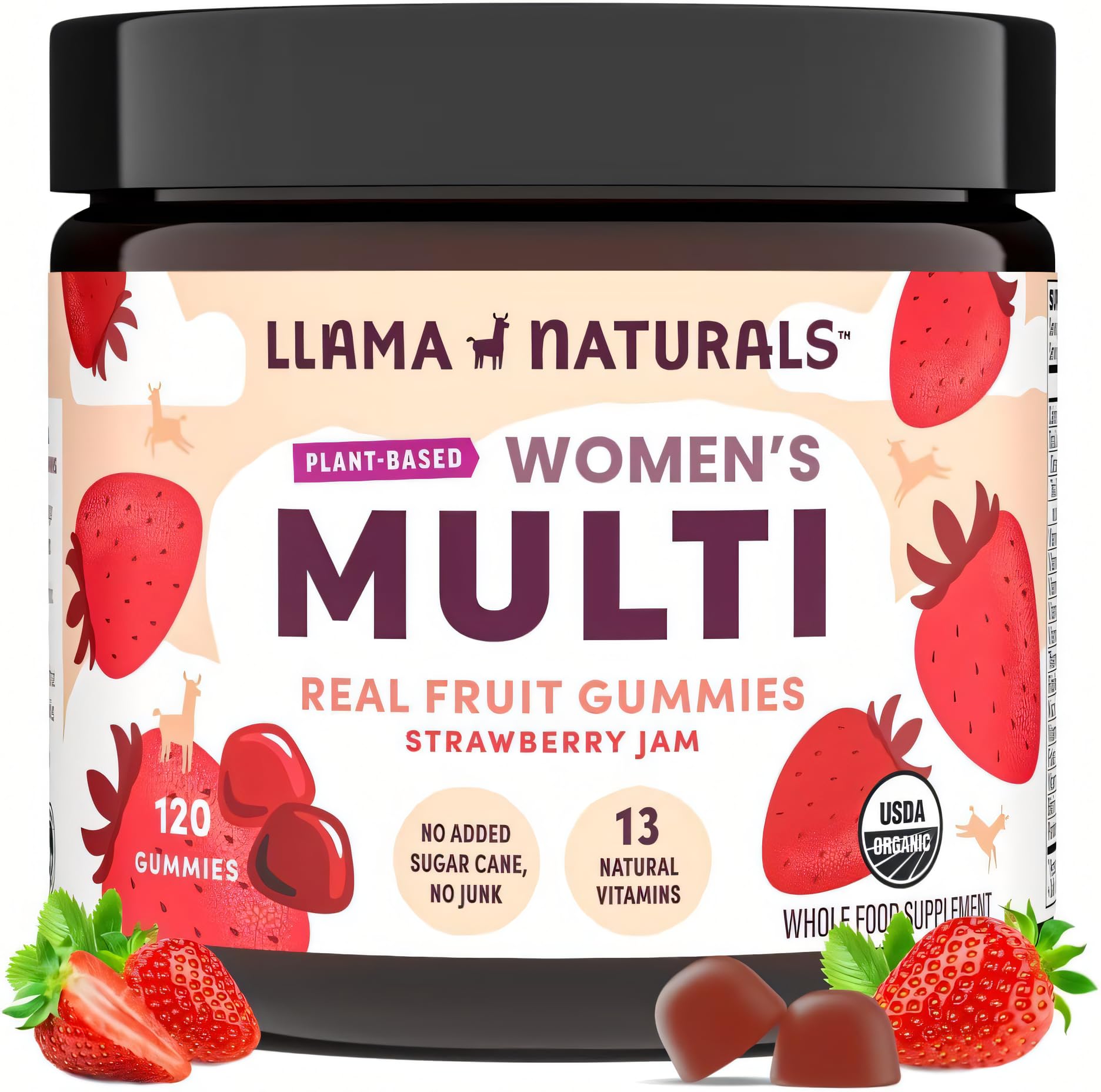 - Llama Naturals Multivitamin for Women, Vegan, Organic Gummies with Vitamin D, C and K, Women's Real Fruit Gummy Vitamins, Chewable Multivitamin Supplement, No Added Sugar Cane, Strawberry, 120 Ct