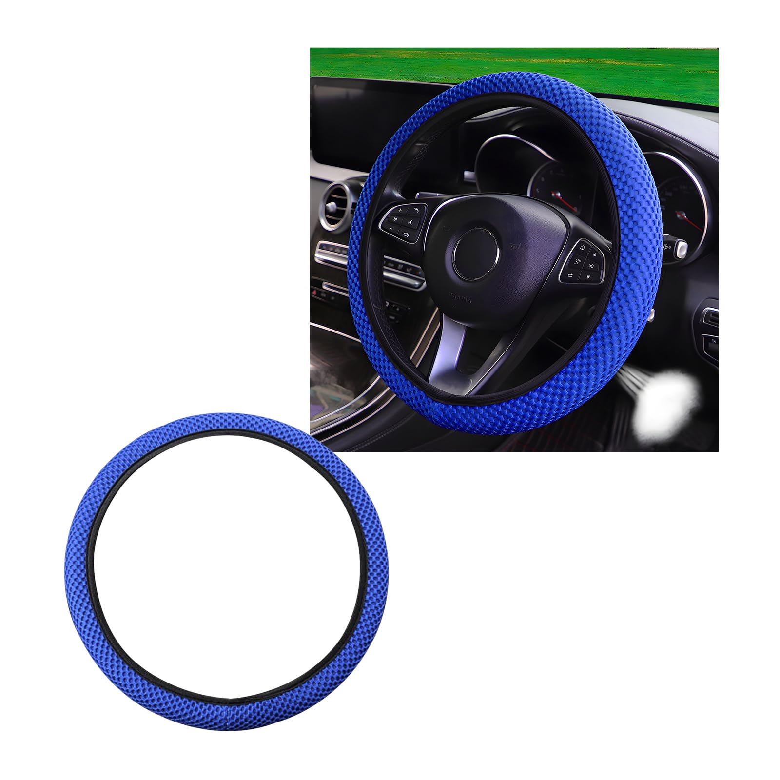 Elastic Stretch Steering Wheel Cover, 15"×15" Microfiber Breathable Ice Silk Steering Wheel Protector, Anti-Slip Elastic Steering Wheel Cover for Men Women, Car Accessories (Blue)
