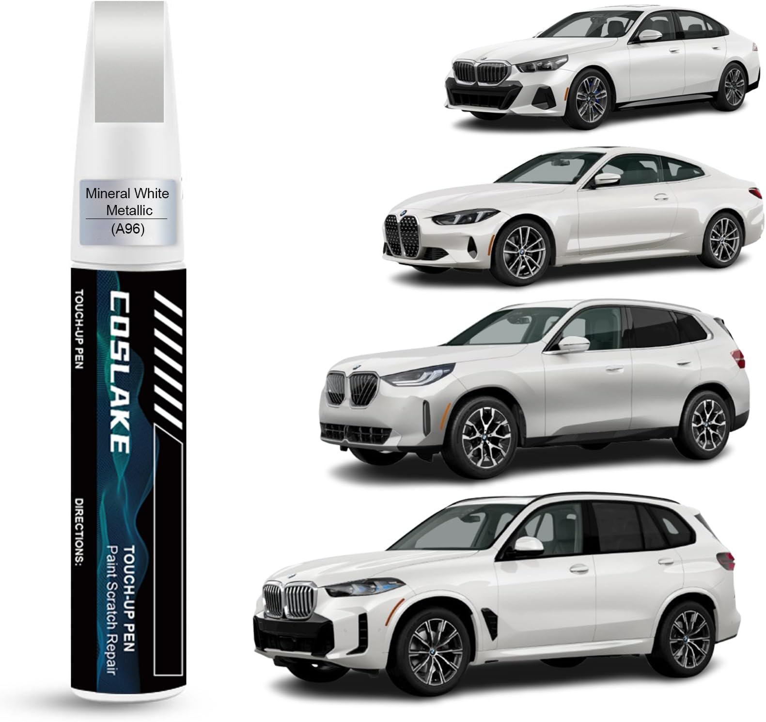 Car Touch Up Paint(Mineral White Metallic(A96)) for BMW, Car Paint Scratch Repair Kit, Quick & Easy Solution to Repair, 2 in 1 Scratch Remover Pen with Color-Matched