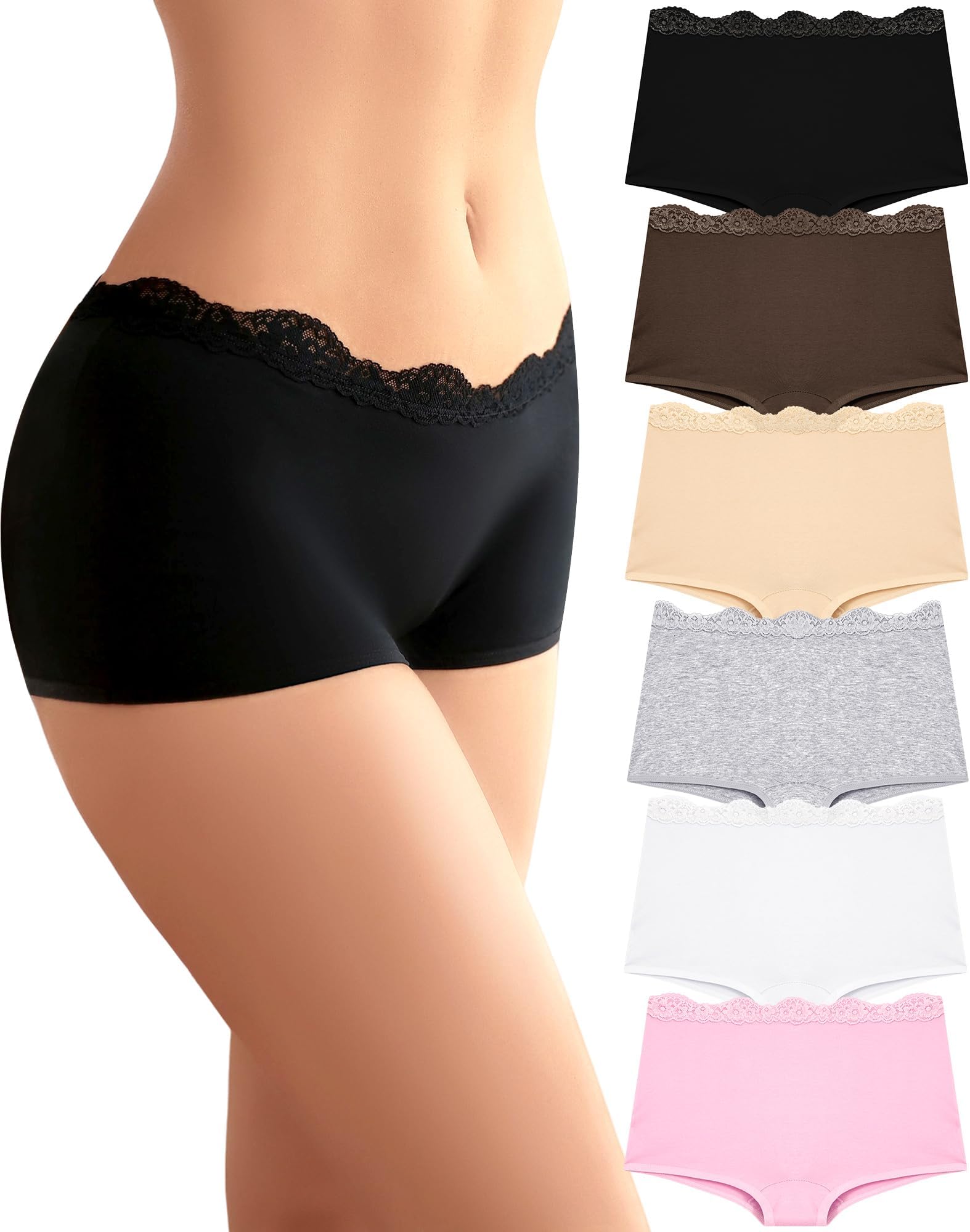 Boy Shorts Underwear for Women Cotton Boxer Briefs Full Covreage Lace Boyshort Womens Panties 6 Pack