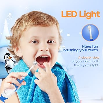 Seago Baby Electric Toothbrush, Children's Power Toothbrushes with 4 Brush Heads and Led Light, 2-Min Timer for Children Aged 0-3 Years, Penguin Shape Design SG513 (Navy Blue)