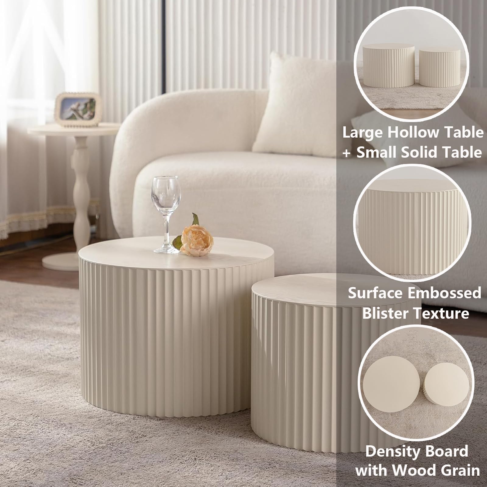 Small Wooden Coffee Table Round Set Of 2 - Modern Fluted Drum Side ...