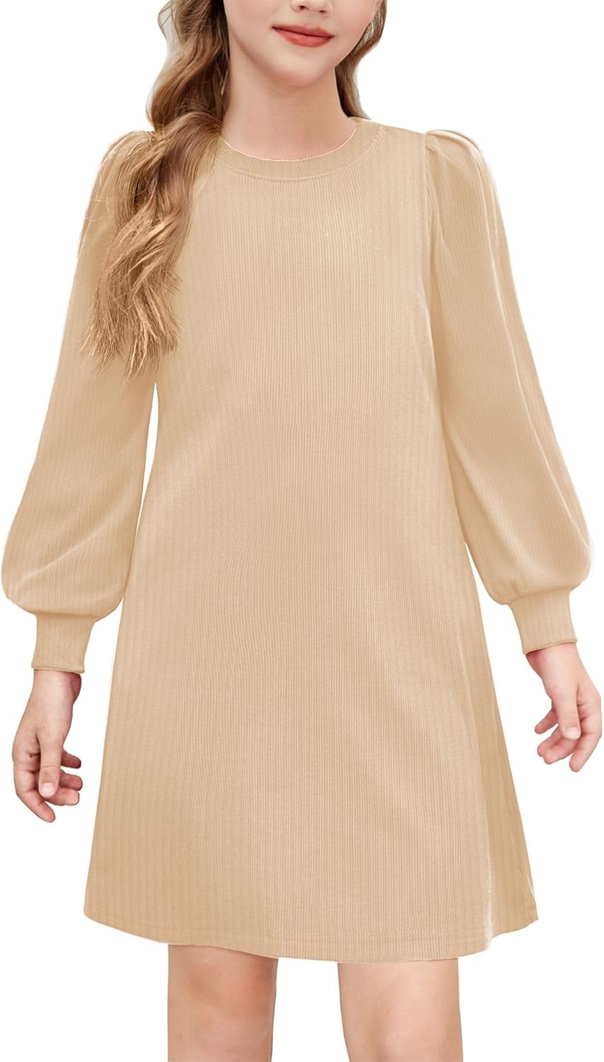 Arshiner Girls Sweater Dress Fall Winter Knit Puff Long Sleeve Pullover Casual Dresses with Pockets