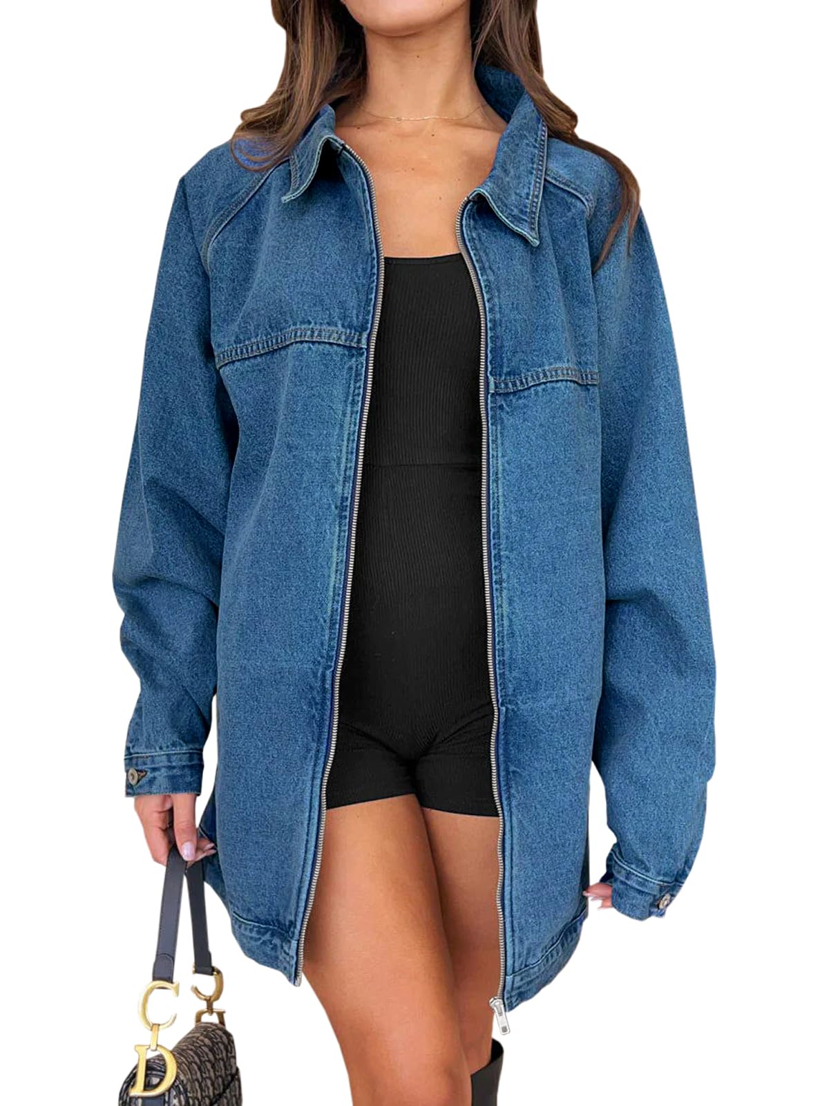 Tankaneo Womens Oversized Denim Jacket Fall Long Sleeve Zip up Jean Jackets