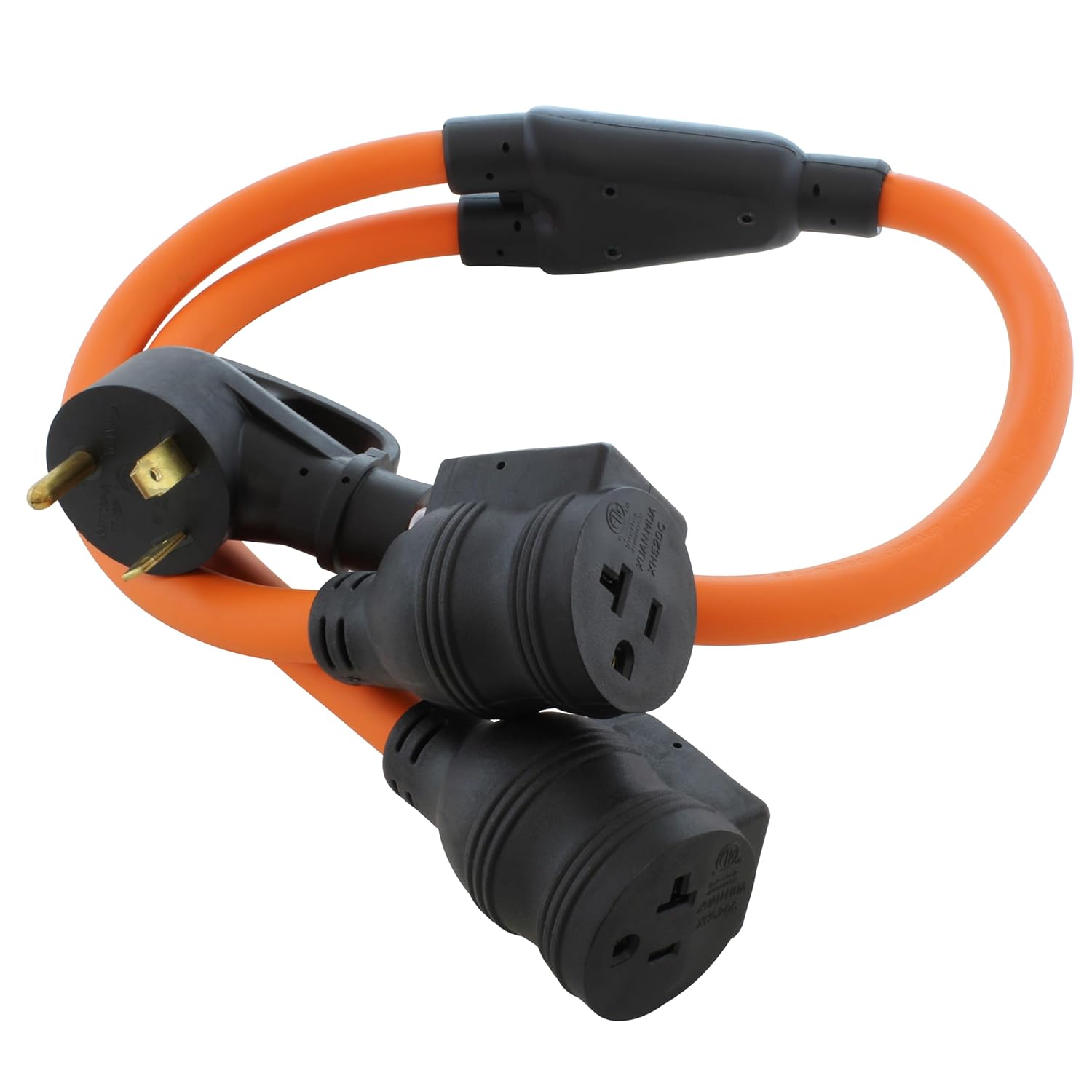 AC WORKS Protective Adapter- Household Connector with 20Amp Circuit Breaker (TT-30 30A RV Plug Y Cord)