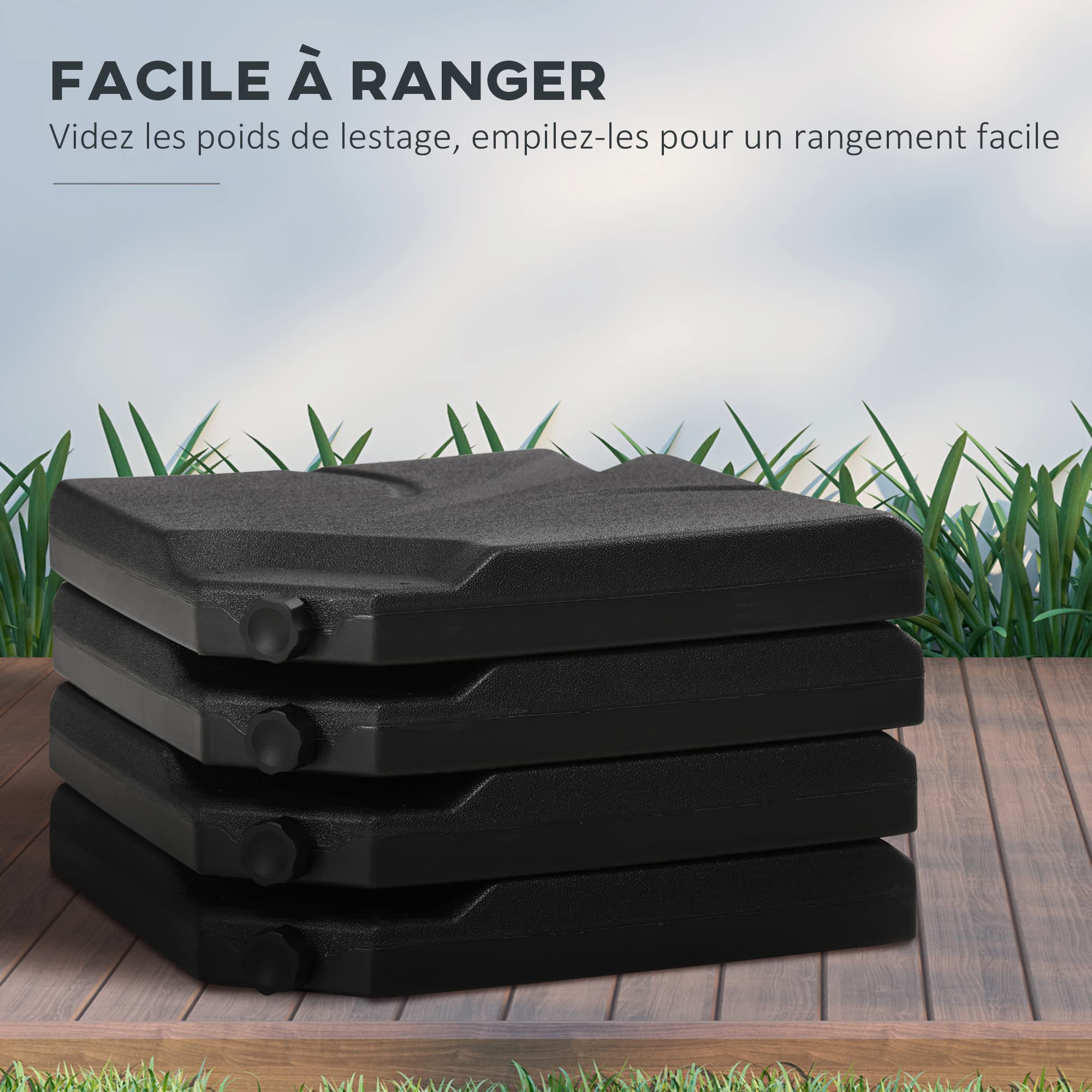 Outsunny Lot de 4 lestages pour parasols Dalles de Parasol déporté carré polyéthylène - À remplir d'eau ou de Sable jusqu'à 56/72 kg - 103 x 103 x 8,3 cm Noir
