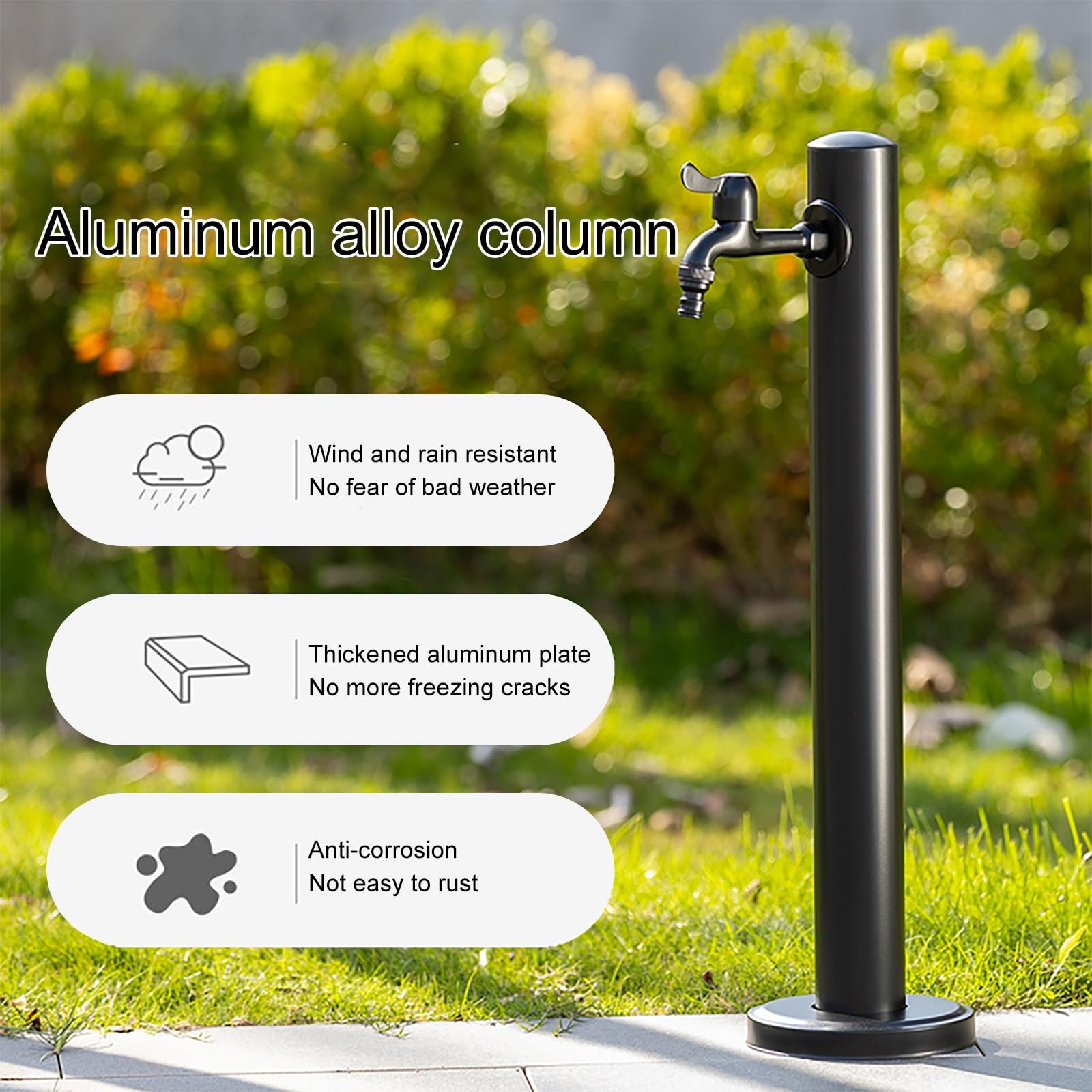 Colonna d'acqua in acciaio inox 304 resistente al gelo, doppia presa per irrigazione e lavaggio da giardino, design nero slish, 2,95 cm