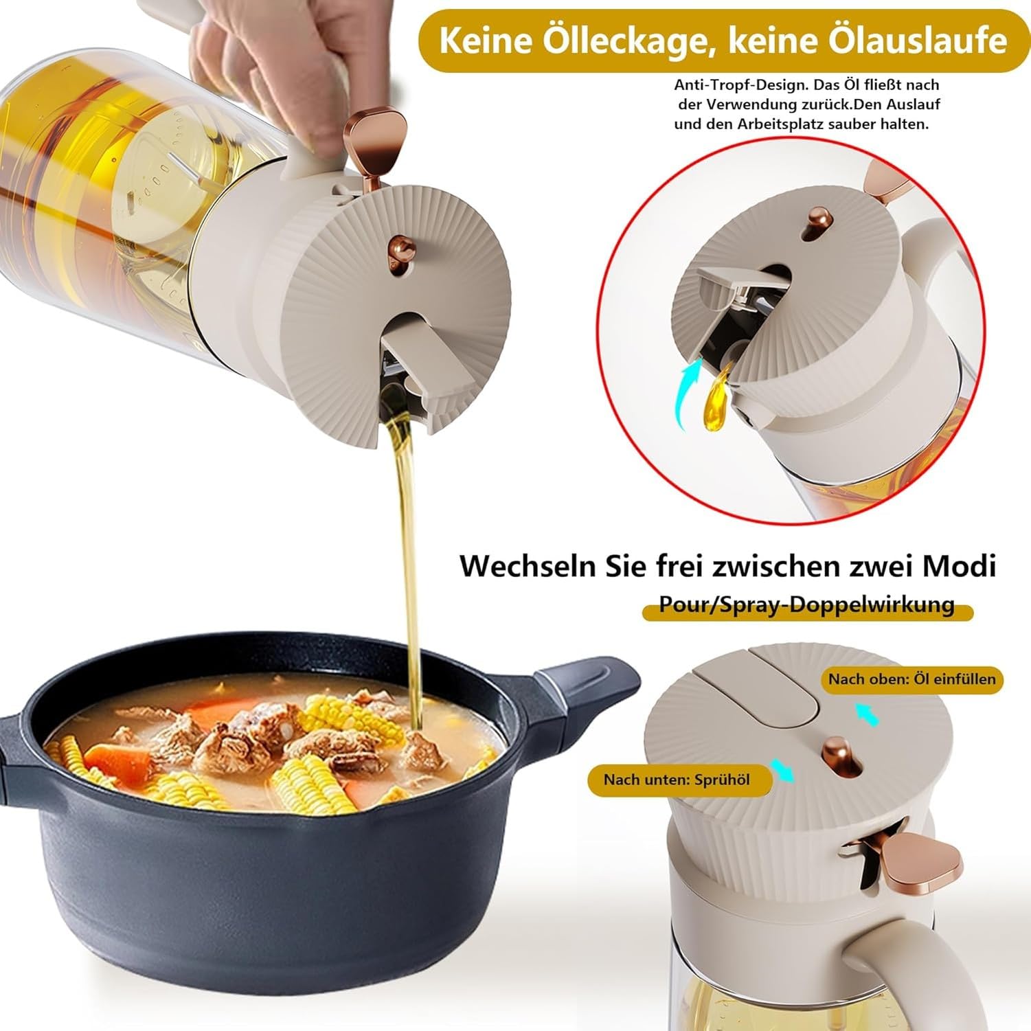 Ölsprayer für Kochen Sprühflasche Olivenöl Zerstäuberflasche aus Glas Feinstaub-Sprühkopf Küchenzubehör, Cremeweiß