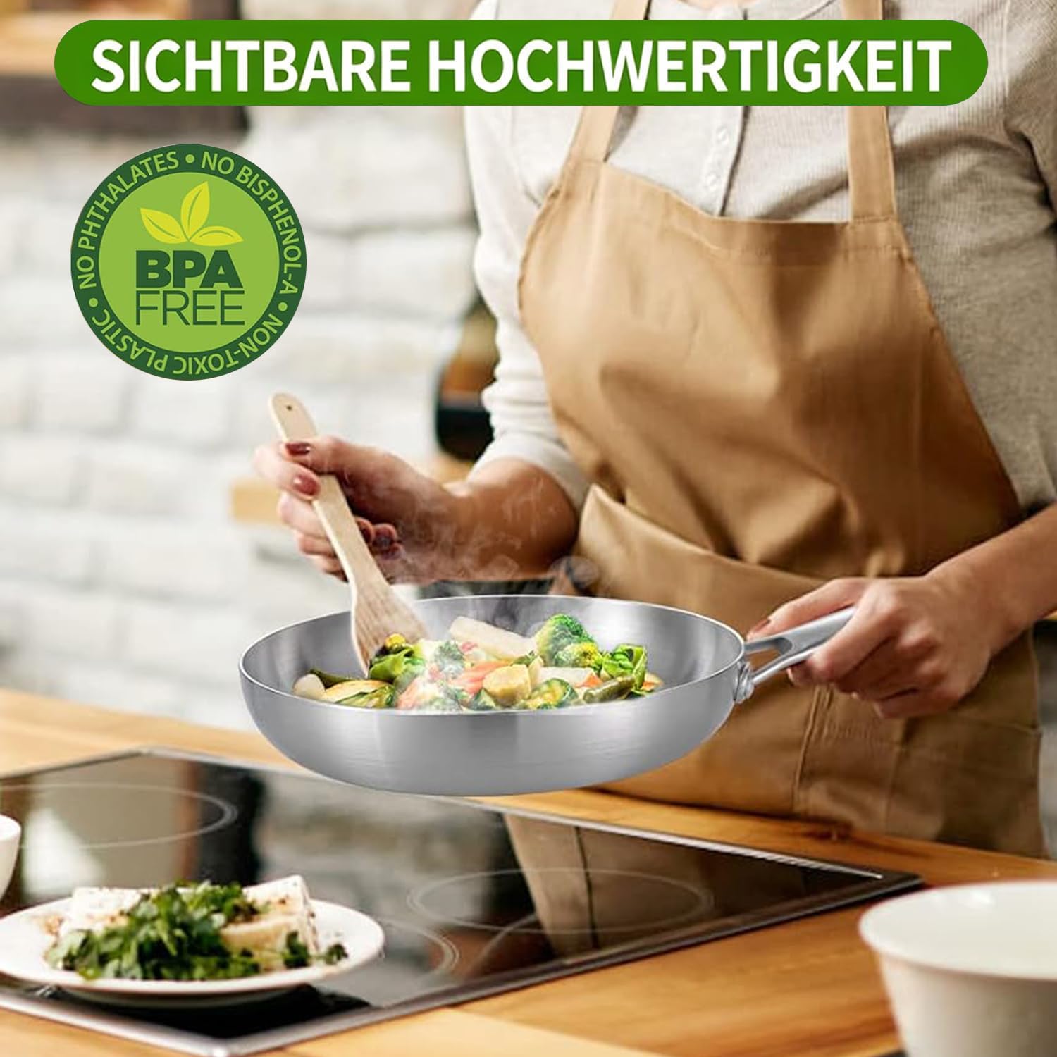 LOLYKITCH Bratpfanne 28 cm mit Glasdeckel, unbeschichtete Edelstahlpfanne | Tri-Ply Konstruktion, schnelle und gleichmäßige Wärmeverteilung, für alle Herdarten geeignet, ofenfest
