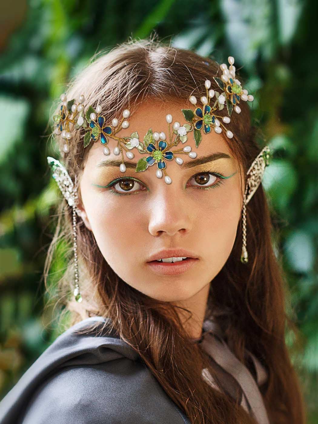 IYOU Flower Fairy Headband Green Pearls Wedding Crown Leaf Bridal Bridesmaid Elf Hair Accessories for Women - Image 2