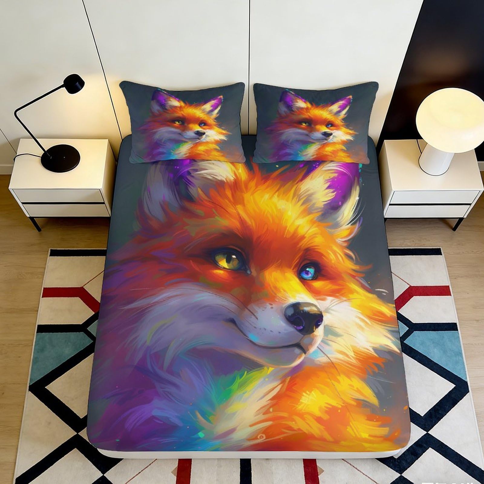 3D Printed Vibrant Fox Fitted Sheet Microfiber Soft Breathable Artistic Animal Bed Cover for Bedroom Dorm Decor 90x200x25cm