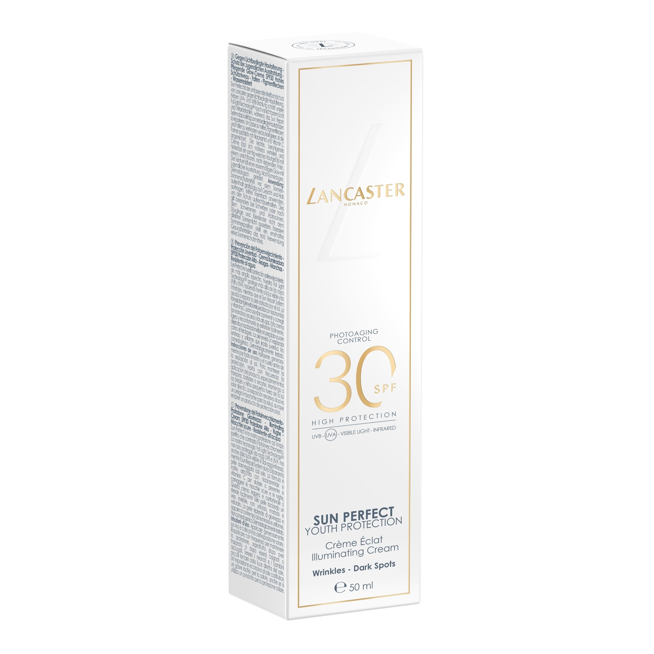 Lancaster Sun Perfect Sun Perfecting Fluid - Fluido Solare Anti-Età, Previene e Aiuta a Correggere Rughe, Linee Sottili e Macchie Scure, Contrasta il 100% dello Spettro Solare, 50 ml