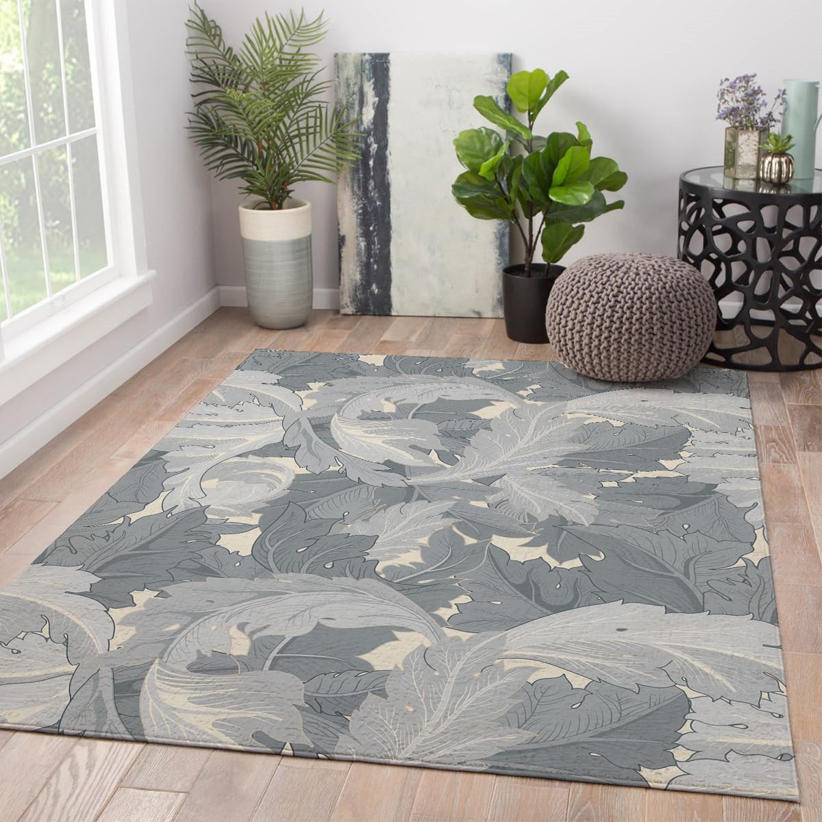 Tapis à poils ras gris motifs feuilles tapis lavable facile à nettoyer pour salon et cuisine