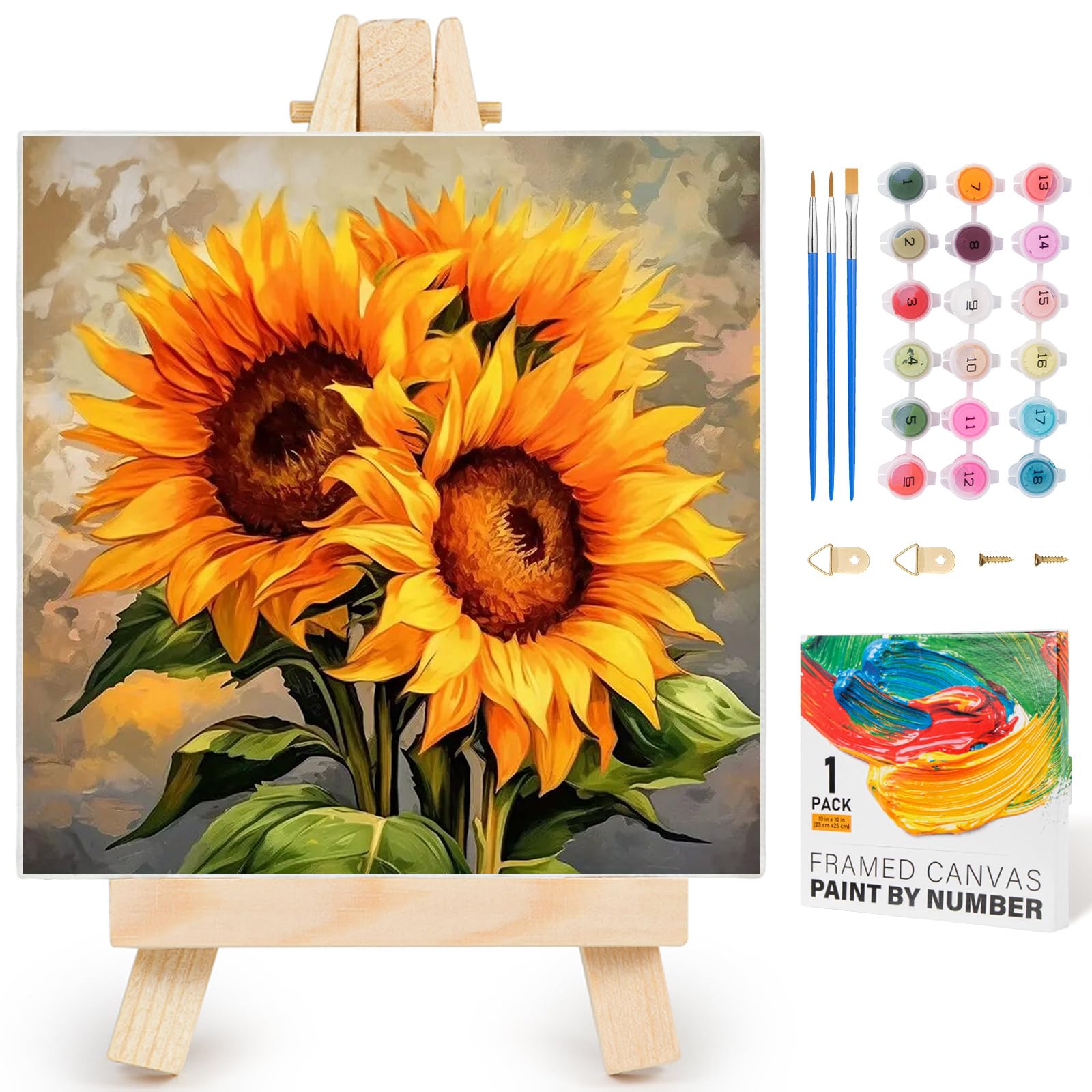 Fountor Uk-F-03 Sunflowers Paint By Numbers For Adults With Frame, Sunflower Adult Paint By Numbers Canvas Kits Without Easel, Diy Acrylic Oil Painting By Number For Home Wall Decor Gift 10X10in/25X25cm