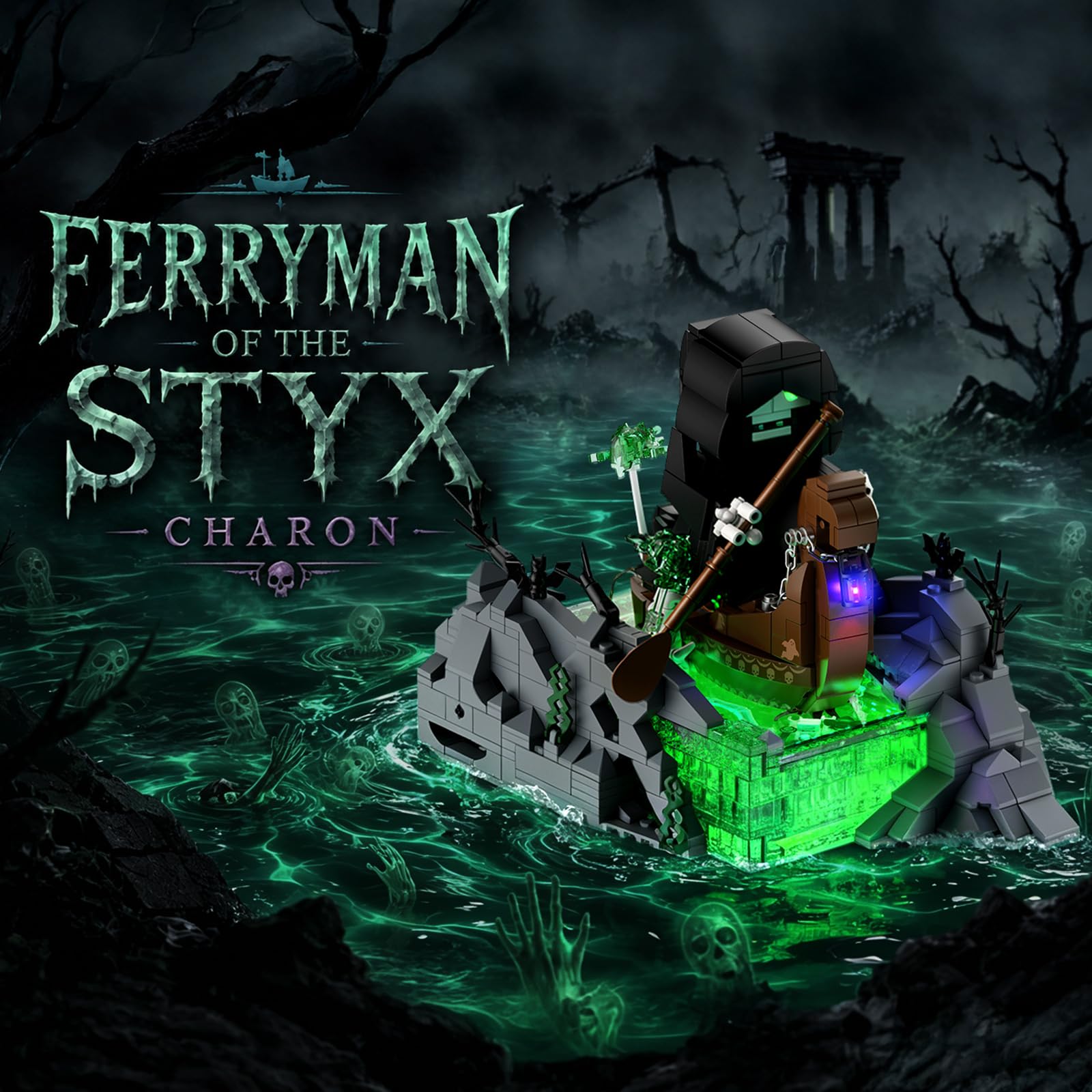 JMBricklayer Charon Fähre Klemmbausteine Erwachsene, Fährmann des Styx Boots Modell Bauset mit LED Beleuchtung, 40005 Fantasie Ausstellung Sammlung Geschenk für Geburtstag Halloween