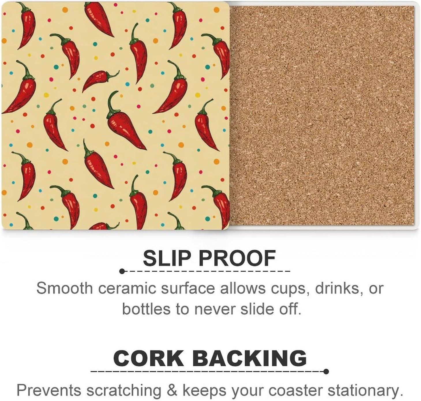 Hot Chili Peppers Colorful Dotted Coaster for Drinks Square Ceramic Table Coasters Stone Mat Crafts 4PCS Home Kitchen Decor